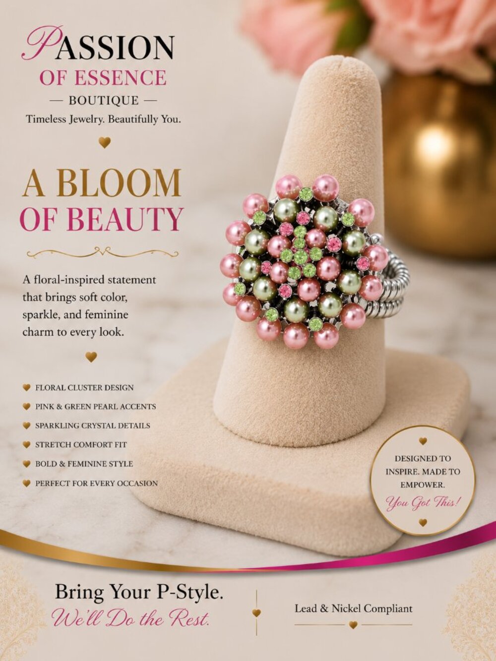 Stand out with our best selling Vintage Crystal & Pearl Statement Stretch Ring.